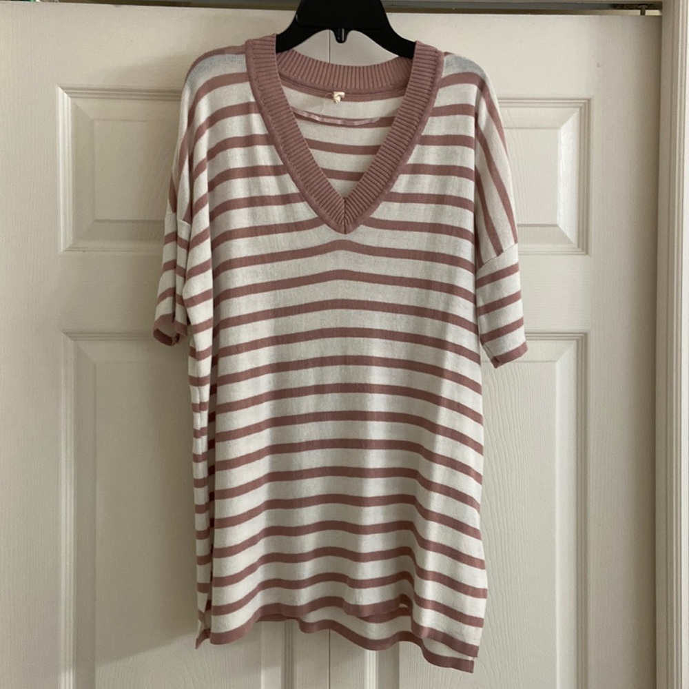 Wishlist Pink and White Striped V-Neck Short Sleeve Sweater Top